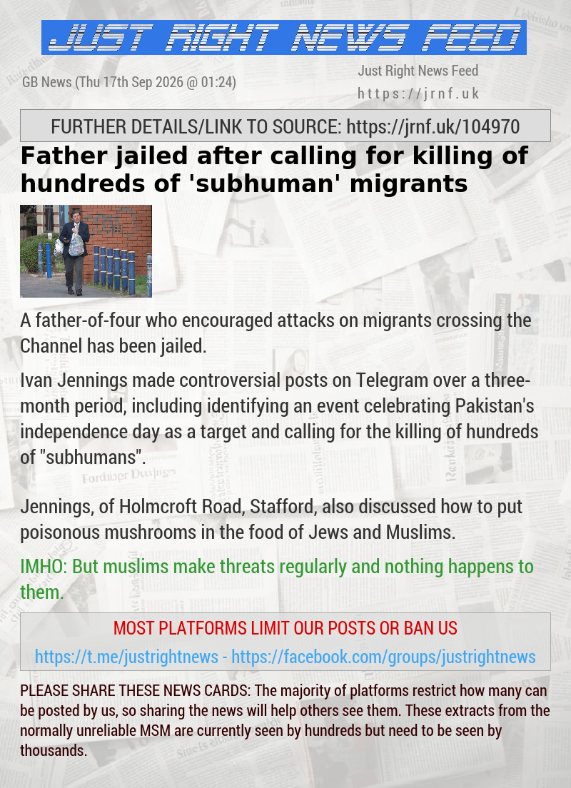 Father jailed after calling for killing of hundreds of ’subhuman’ migrants