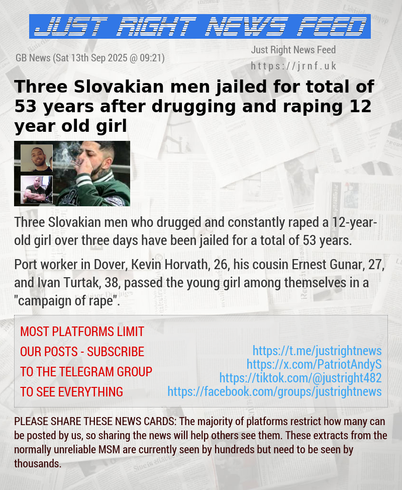 Three Slovakian men jailed for total of 53 years after drugging and raping 12—year—old girl