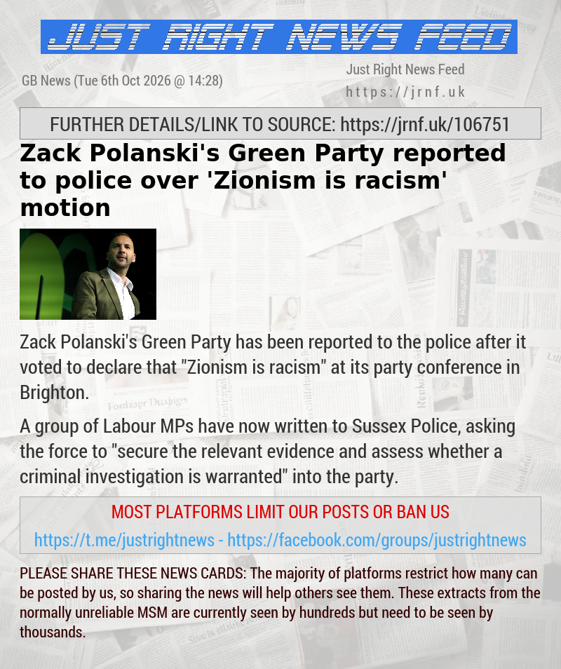 Zack Polanski’s Green Party reported to police over ’Zionism is racism’ motion