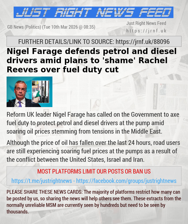 Nigel Farage defends petrol and diesel drivers amid plans to ’shame’ Rachel Reeves over fuel duty cut