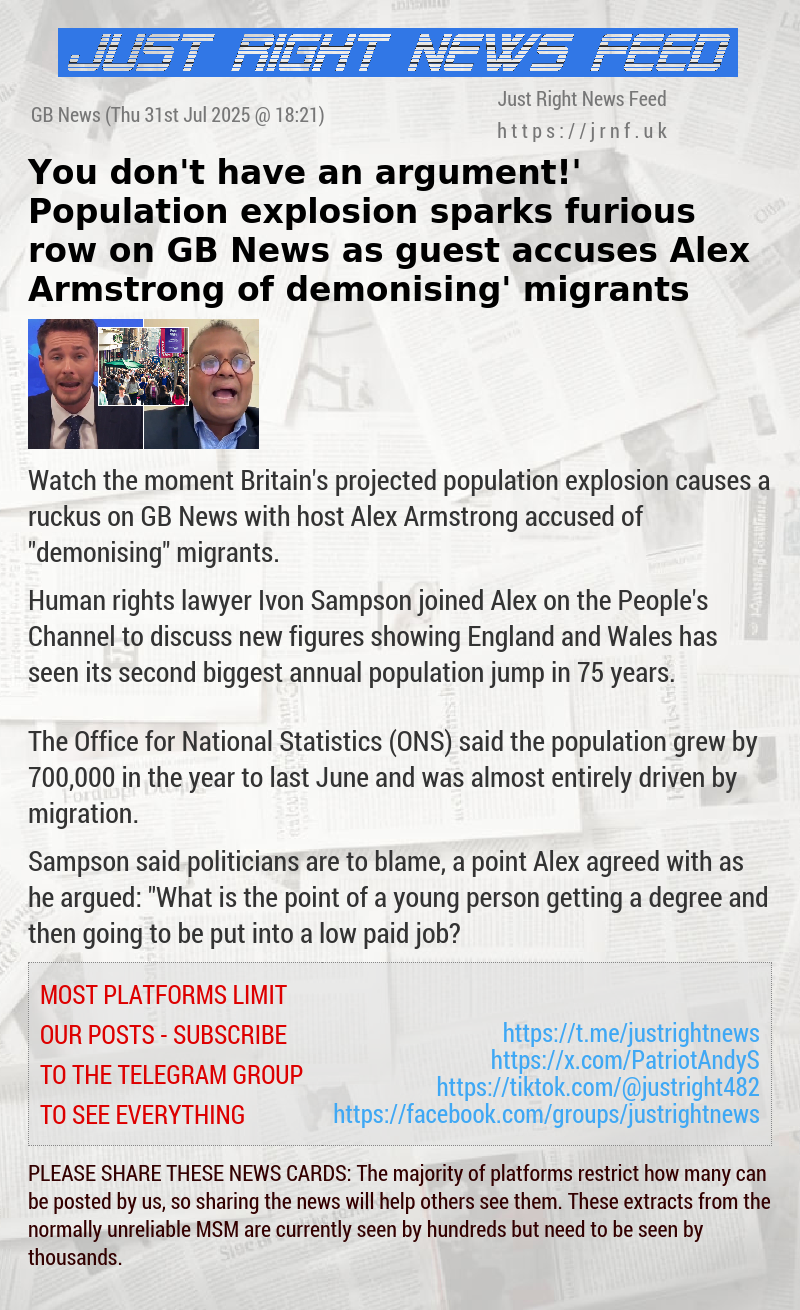 ‘You don’t have an argument!’ Population explosion sparks furious row on GB News as guest accuses Alex Armstrong of ‘demonising’ migrants