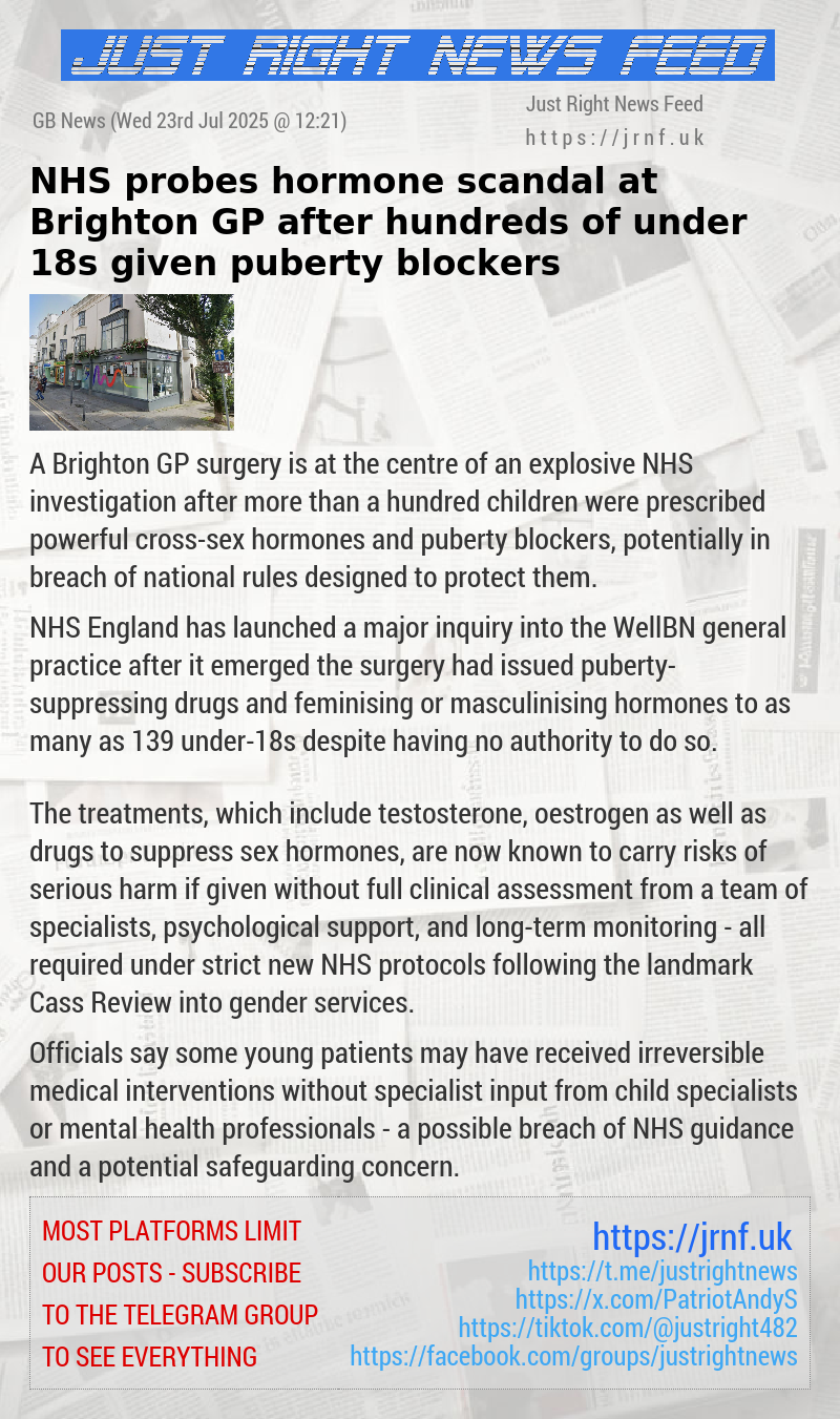 NHS probes hormone scandal at Brighton GP after hundreds of under—18s given puberty blockers