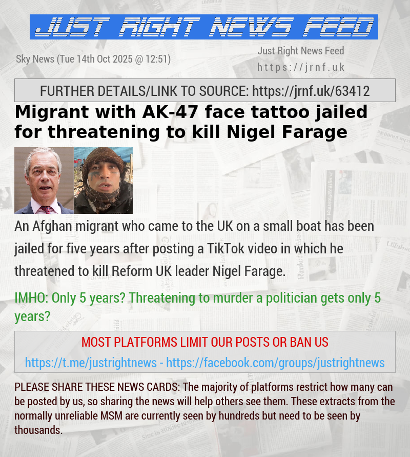 Migrant with AK—47 face tattoo jailed for threatening to kill Nigel Farage
