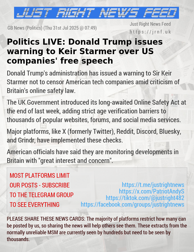 Politics LIVE: Donald Trump issues warning to Keir Starmer over US companies’ free speech
