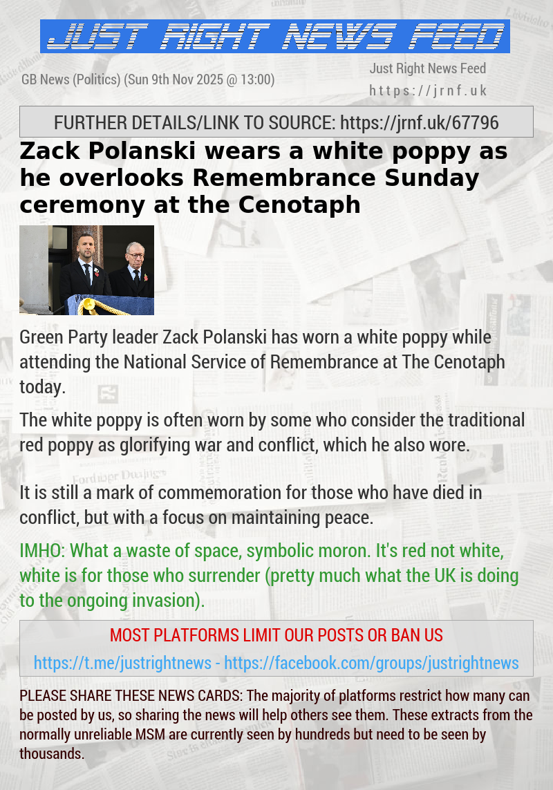 Zack Polanski wears a white poppy as he overlooks Remembrance Sunday ceremony at the Cenotaph