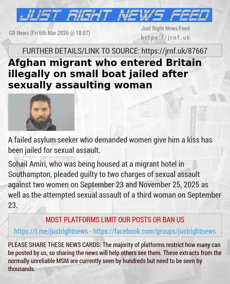 Afghan migrant who entered Britain illegally on small boat jailed after sexually assaulting woman