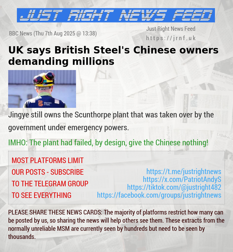 UK says British Steel’s Chinese owners demanding millions