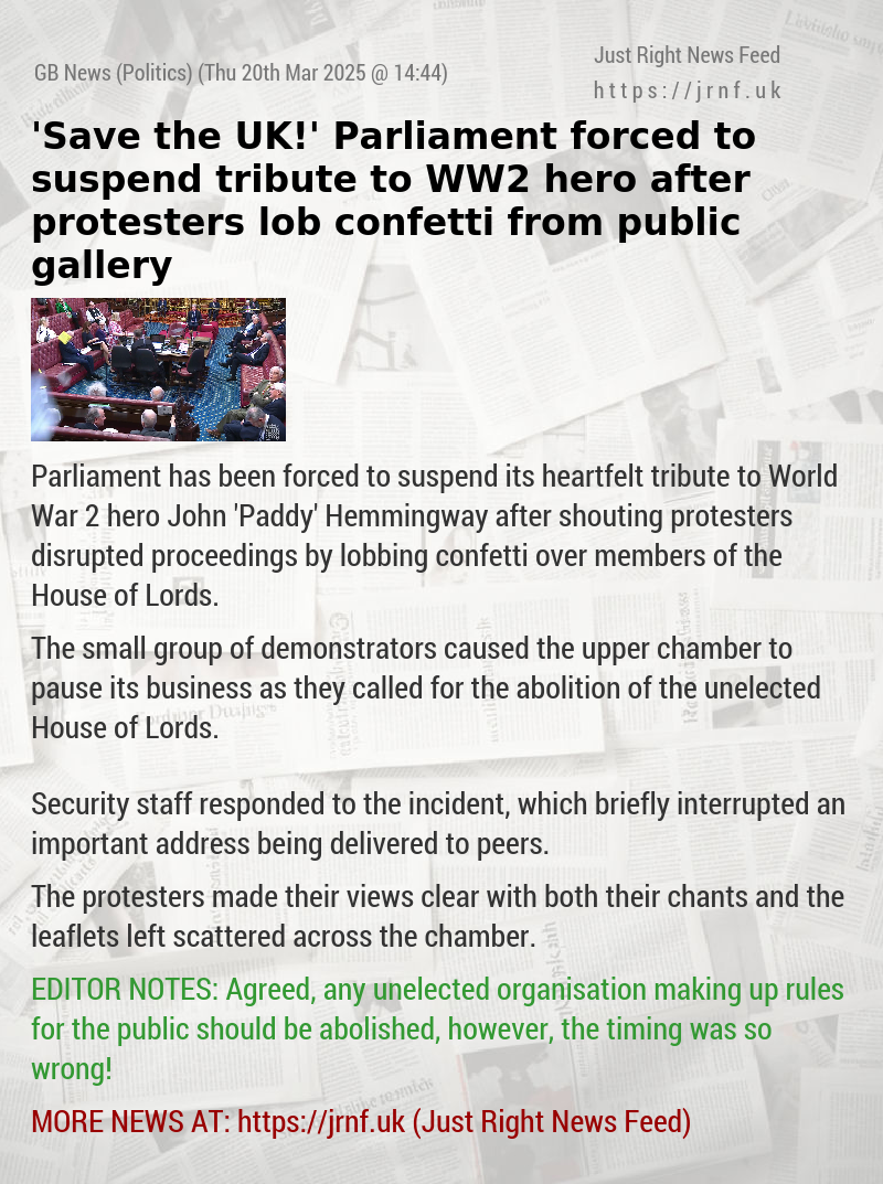 ’Save the UK!’ Parliament forced to suspend tribute to WW2 hero after protesters lob confetti from public gallery