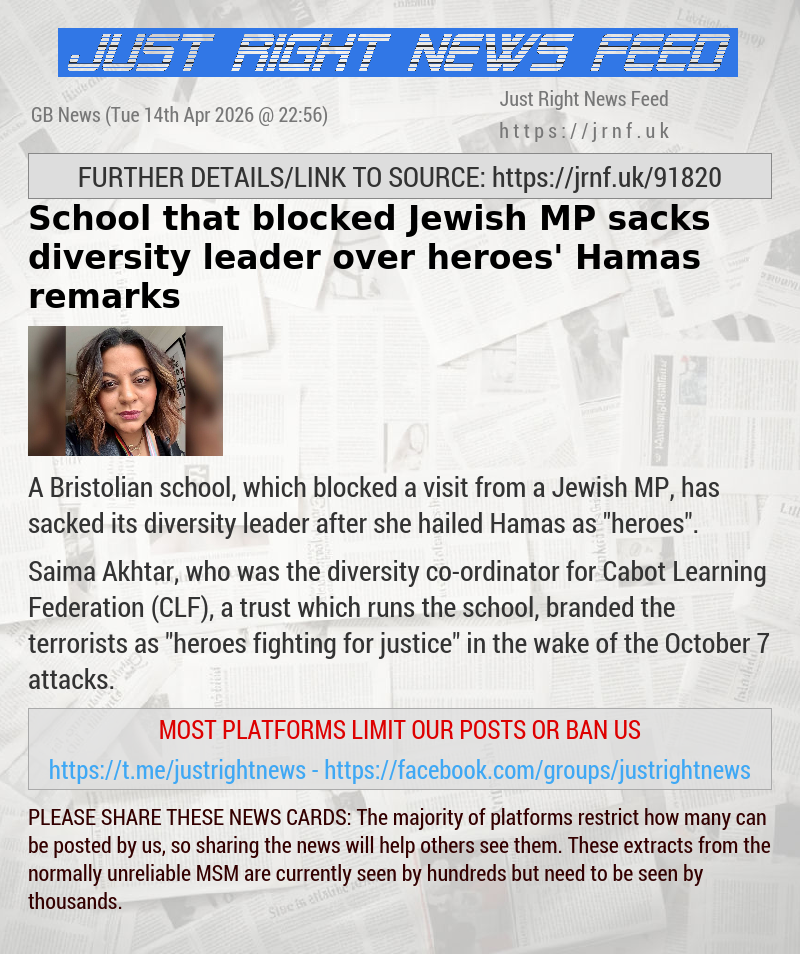 School that blocked Jewish MP sacks diversity leader over ‘heroes’ Hamas remarks