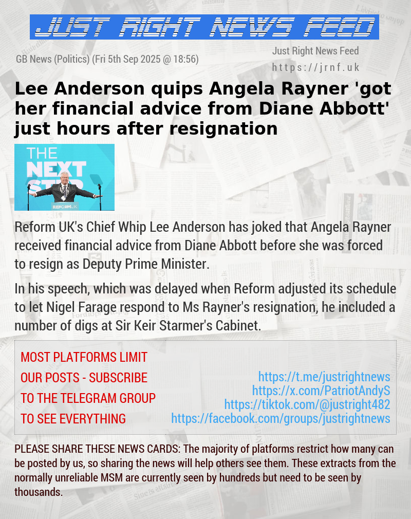 Lee Anderson quips Angela Rayner ’got her financial advice from Diane Abbott’ just hours after resignation