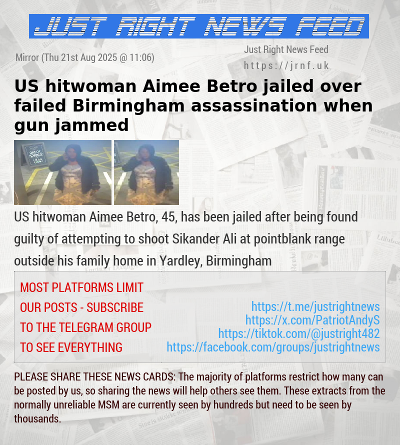 US hitwoman Aimee Betro jailed over failed Birmingham assassination when gun jammed
