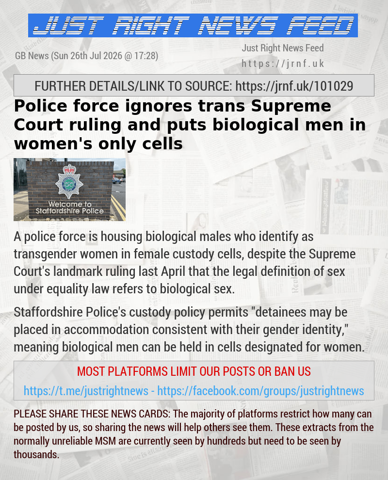 Police force ignores trans Supreme Court ruling and puts biological men in women’s—only cells