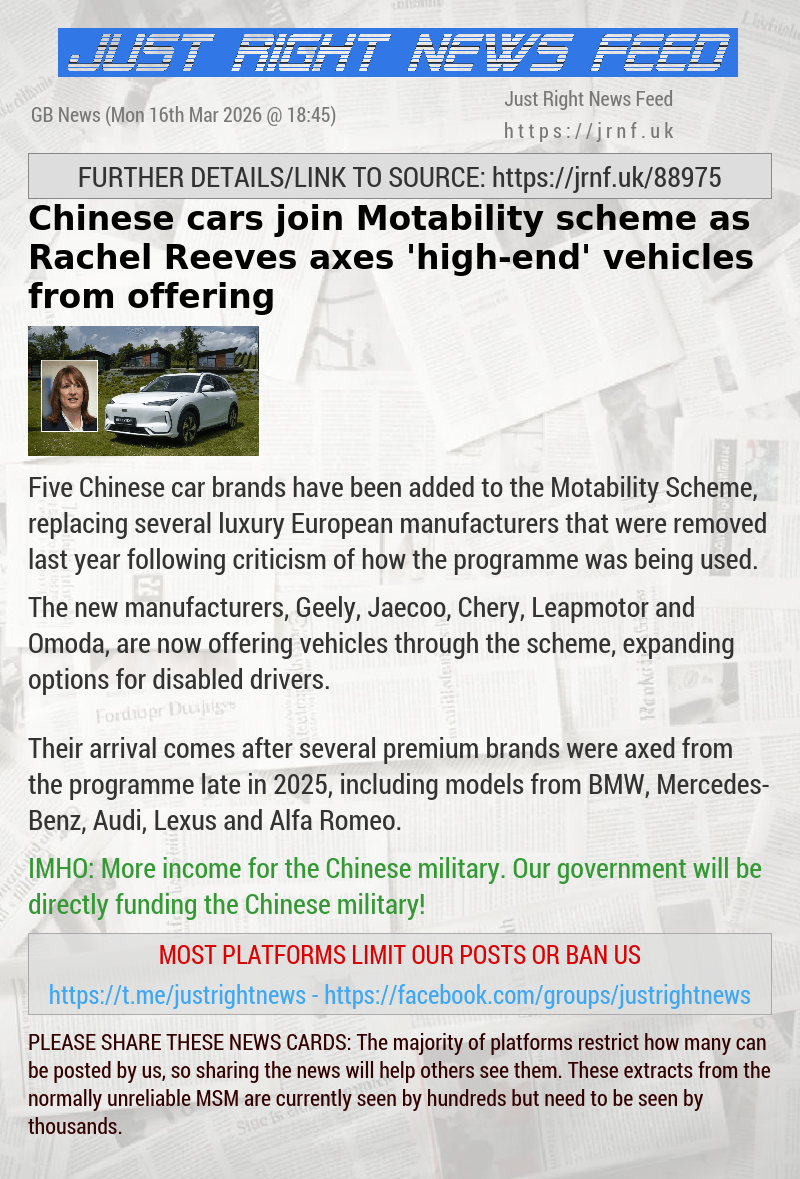 Chinese cars join Motability scheme as Rachel Reeves axes ’high—end’ vehicles from offering