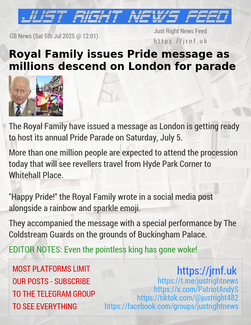 Royal Family issues Pride message as millions descend on London for parade