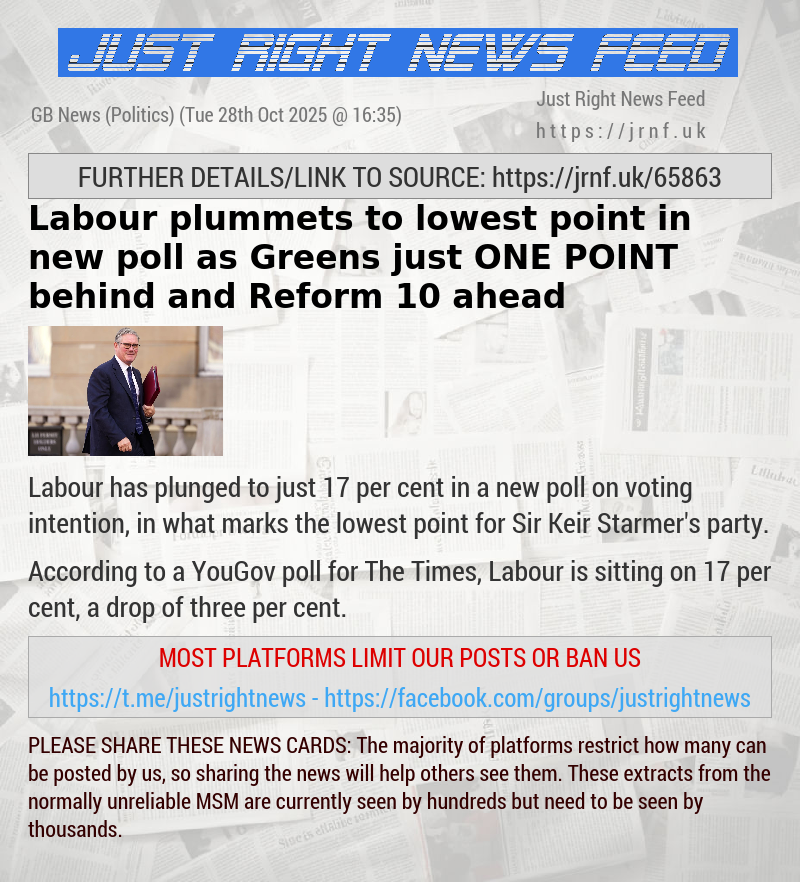 Labour plummets to lowest point in new poll as Greens just ONE POINT behind and Reform 10 ahead
