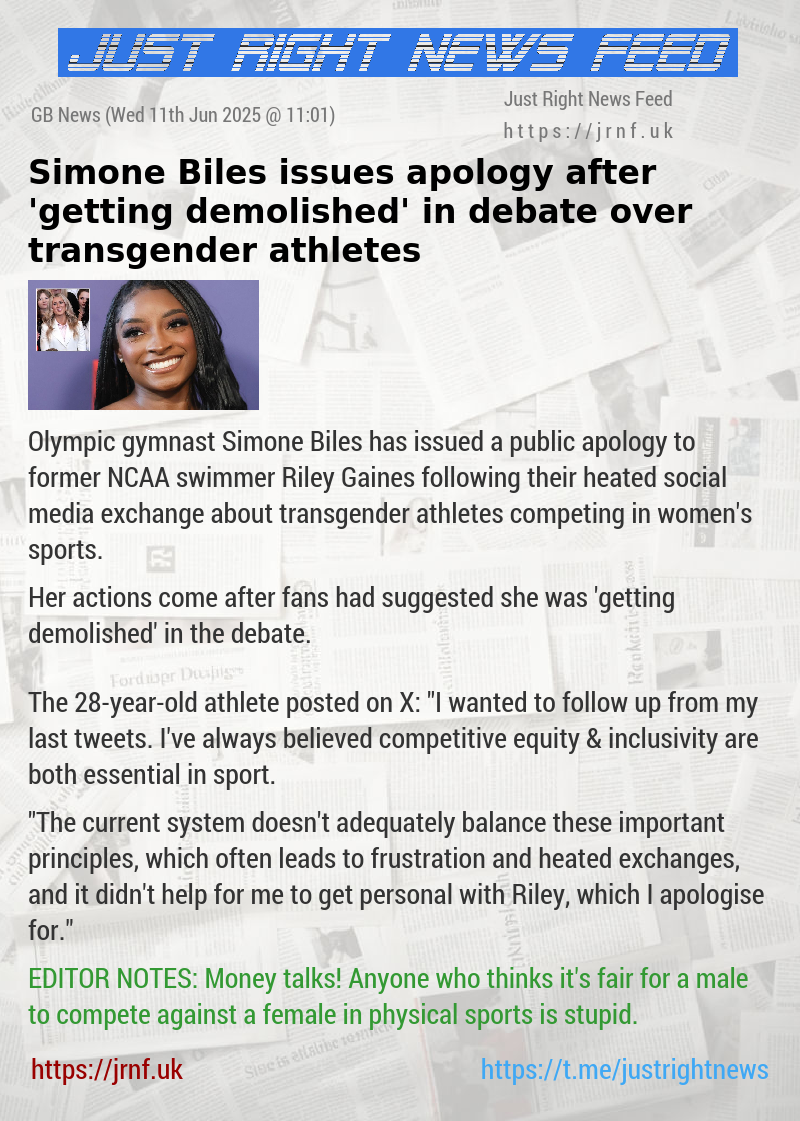 Simone Biles issues apology after ’getting demolished’ in debate over transgender athletes