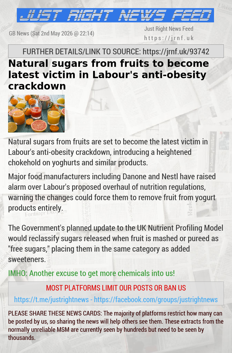 Natural sugars from fruits to become latest victim in Labour’s anti—obesity crackdown