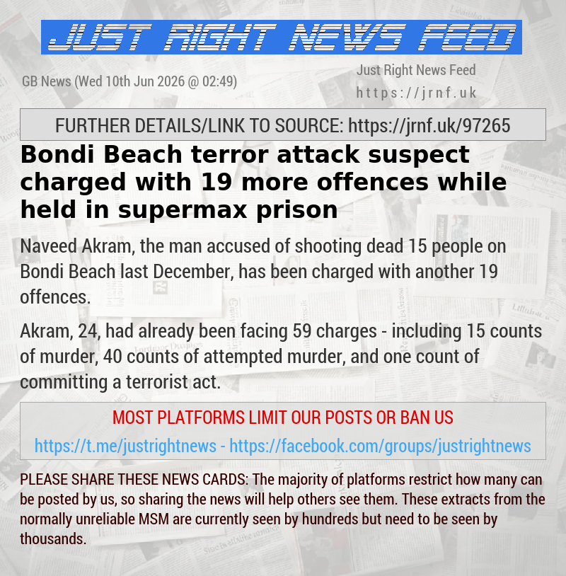 Bondi Beach terror attack suspect charged with 19 more offences while held in supermax prison