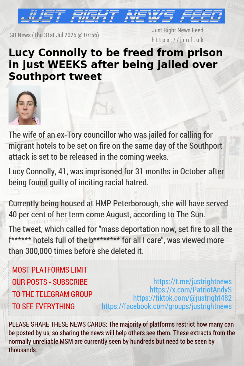 Lucy Connolly to be freed from prison in just WEEKS after being jailed over Southport tweet