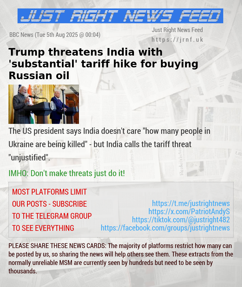 Trump threatens India with ’substantial’ tariff hike for buying Russian oil