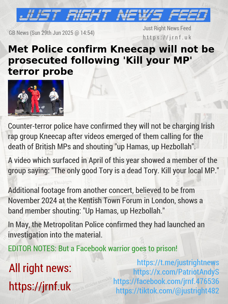Met Police confirm Kneecap will not be prosecuted following ’Kill your MP’ terror probe
