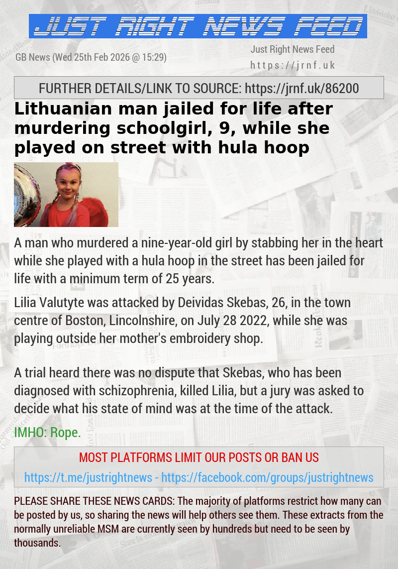 Lithuanian man jailed for life after murdering schoolgirl, 9, while she played on street with hula hoop
