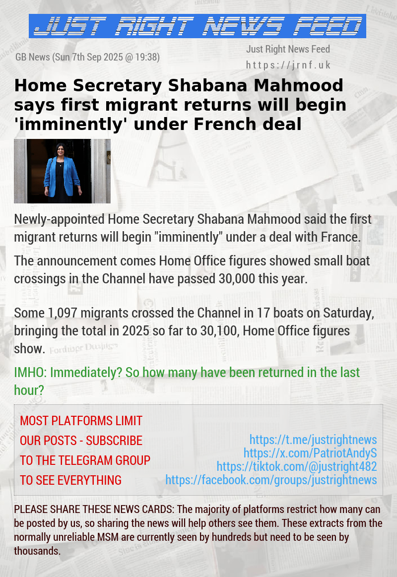Home Secretary Shabana Mahmood says first migrant returns will begin ’imminently’ under French deal