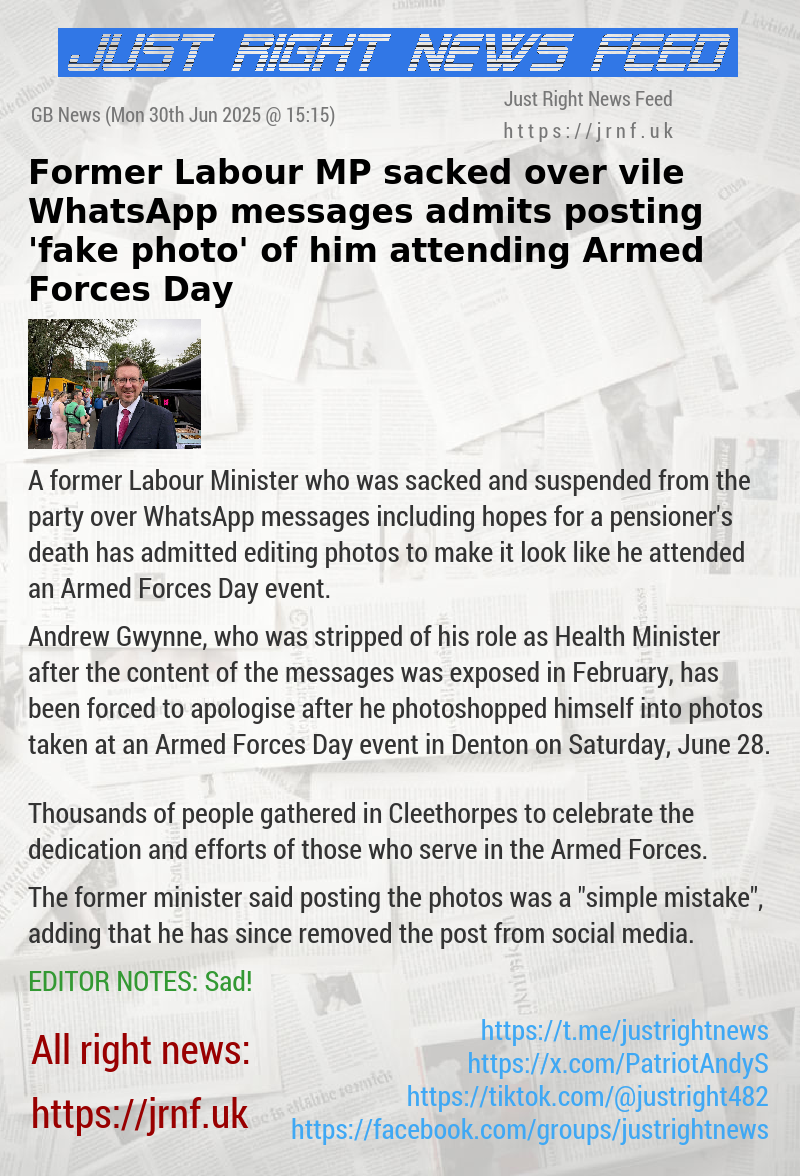 Former Labour MP sacked over vile WhatsApp messages admits posting ’fake photo’ of him attending Armed Forces Day