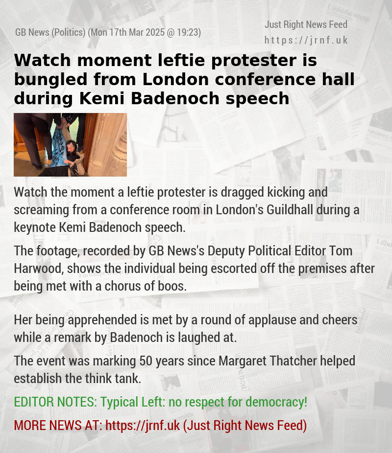 Watch moment leftie protester is bungled from London conference hall during Kemi Badenoch speech