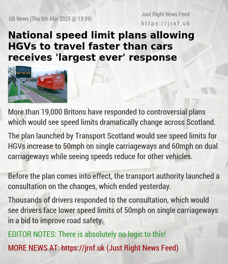 National speed limit plans allowing HGVs to travel faster than cars receives ’largest ever’ response