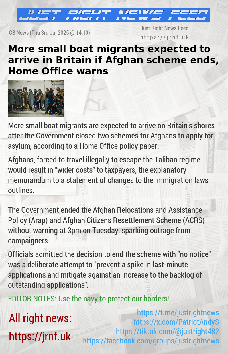 More small boat migrants expected to arrive in Britain if Afghan scheme ends, Home Office warns