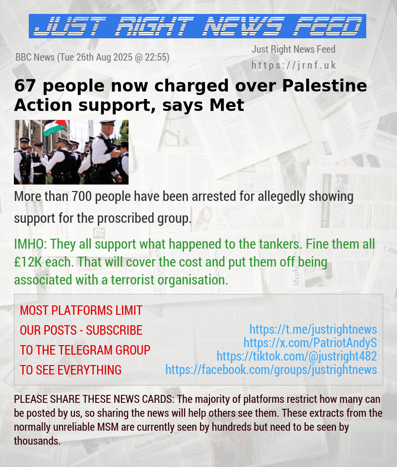 67 people now charged over Palestine Action support, says Met
