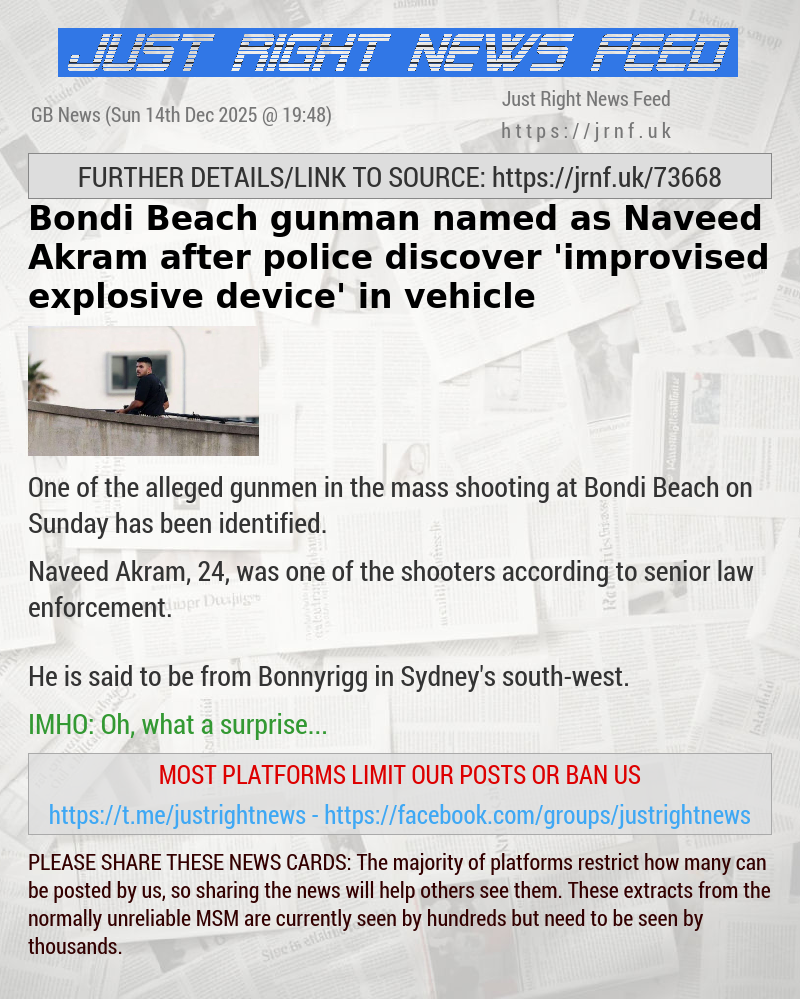 Bondi Beach gunman named as Naveed Akram after police discover ’improvised explosive device’ in vehicle