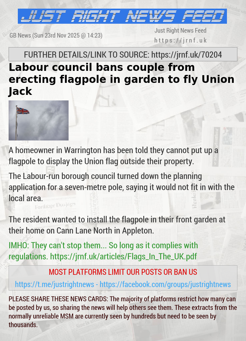 Labour council bans couple from erecting flagpole in garden to fly Union Jack