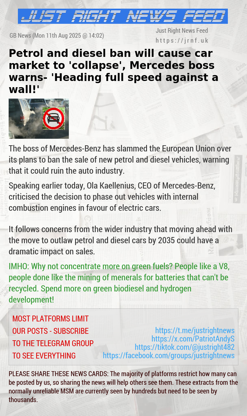 Petrol and diesel ban will cause car market to ’collapse’, Mercedes boss warns — ’Heading full speed against a wall!’
