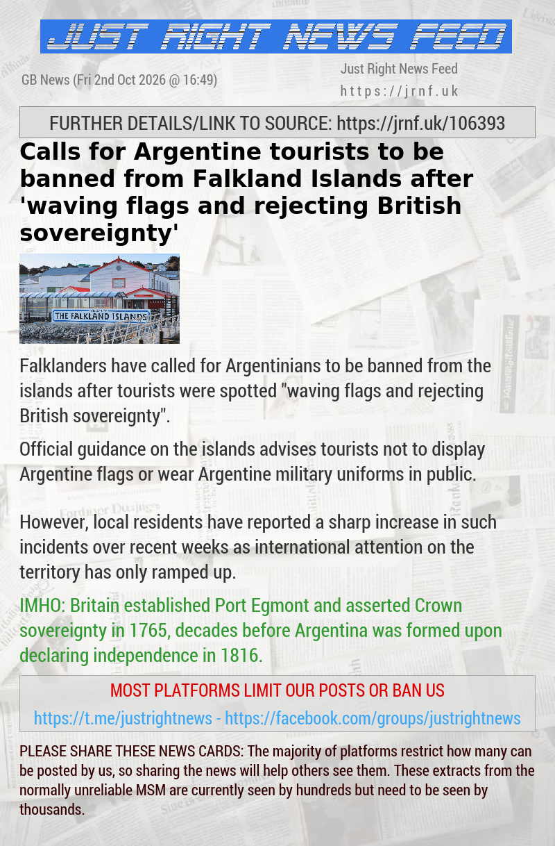 Calls for Argentine tourists to be banned from Falkland Islands after ’waving flags and rejecting British sovereignty’
