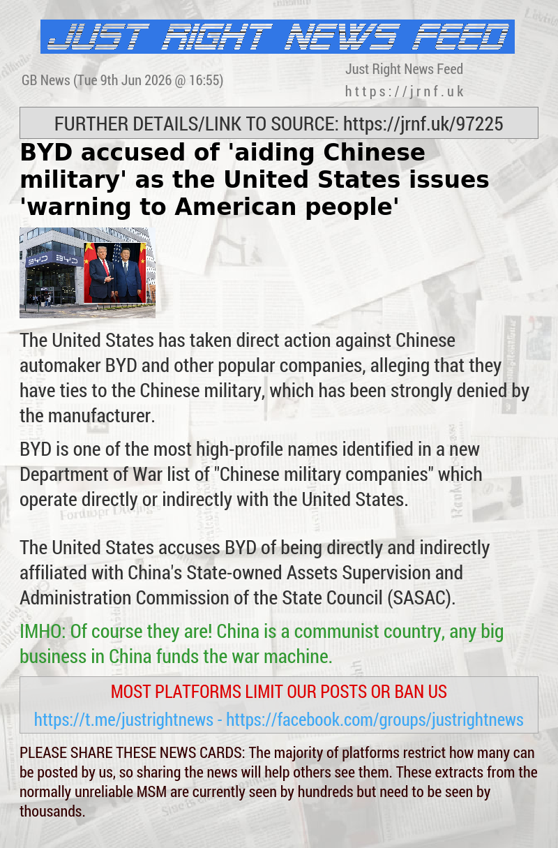 BYD accused of ’aiding Chinese military’ as the United States issues ’warning to American people’