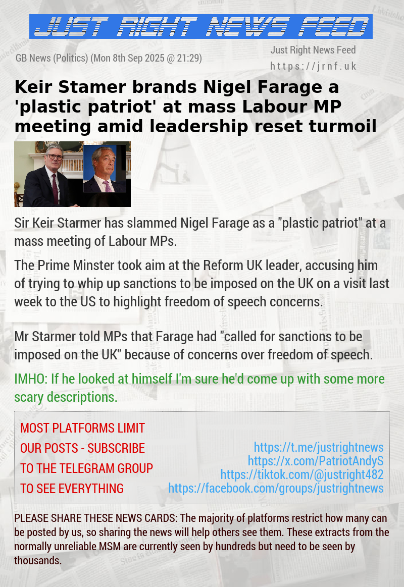 Keir Stamer brands Nigel Farage a ’plastic patriot’ at mass Labour MP meeting amid leadership reset turmoil