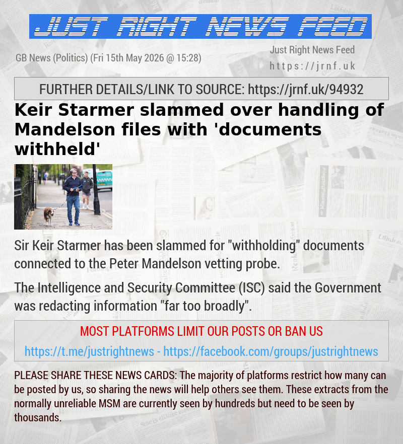 Keir Starmer slammed over handling of Mandelson files with ’documents withheld’