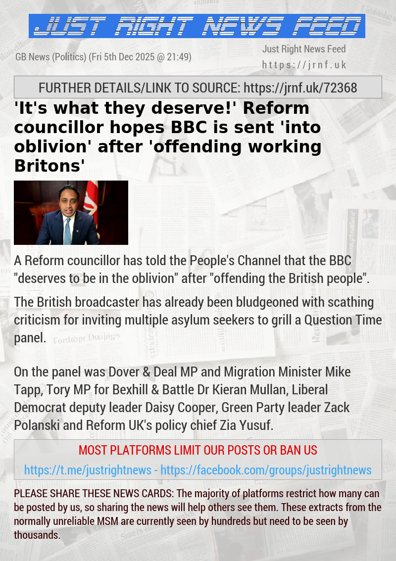 ’It’s what they deserve!’ Reform councillor hopes BBC is sent ’into oblivion’ after ’offending working Britons’
