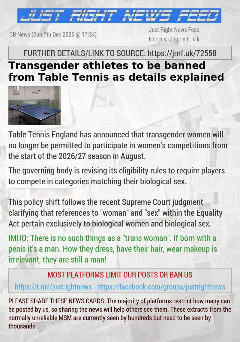 Transgender athletes to be banned from Table Tennis as details explained