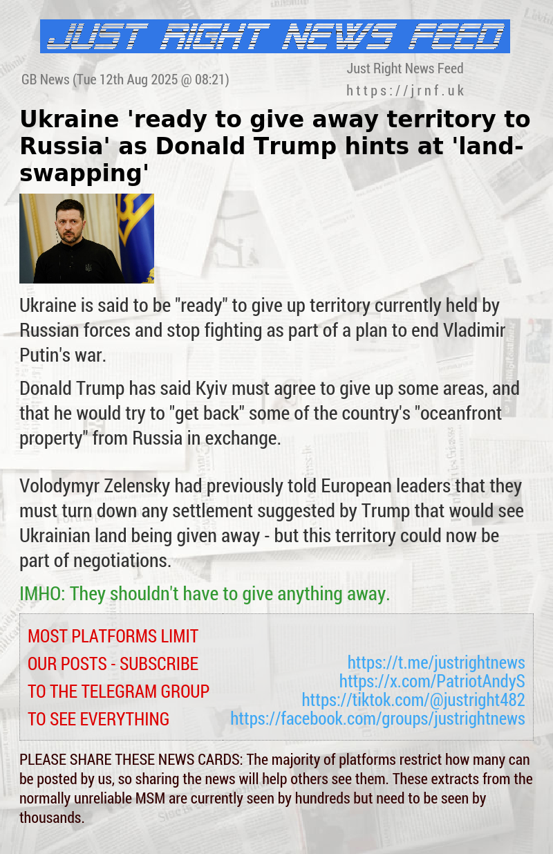 Ukraine ’ready to give away territory to Russia’ as Donald Trump hints at ’land—swapping’