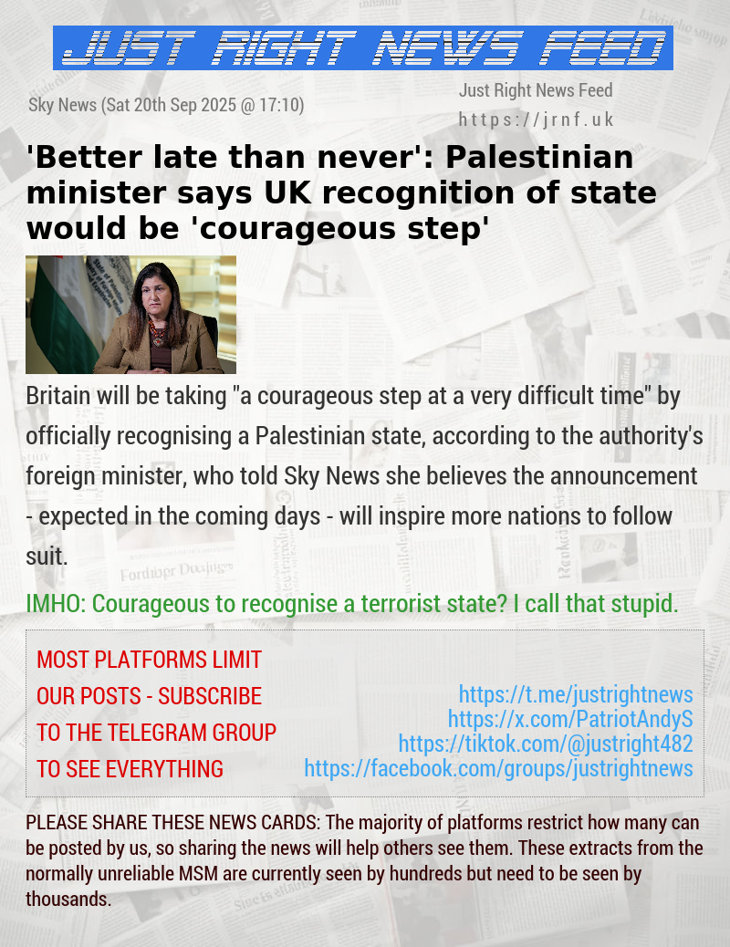 ’Better late than never’: Palestinian minister says UK recognition of state would be ’courageous step’