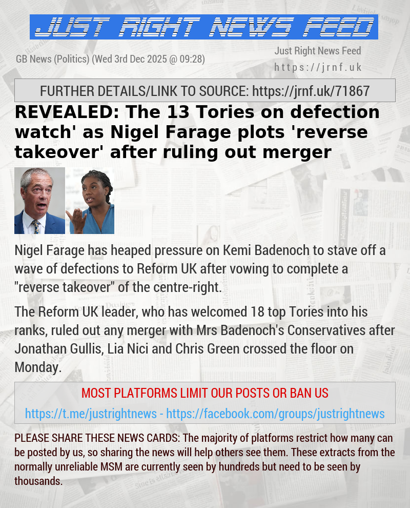 REVEALED: The 13 Tories on ‘defection watch’ as Nigel Farage plots ’reverse takeover’ after ruling out merger