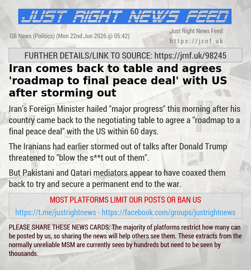 Iran comes back to table and agrees ’roadmap to final peace deal’ with US after storming out