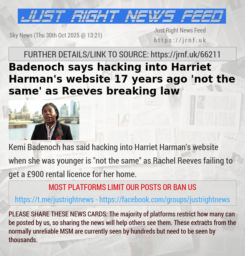 Badenoch says hacking into Harriet Harman’s website 17 years ago ’not the same’ as Reeves breaking law