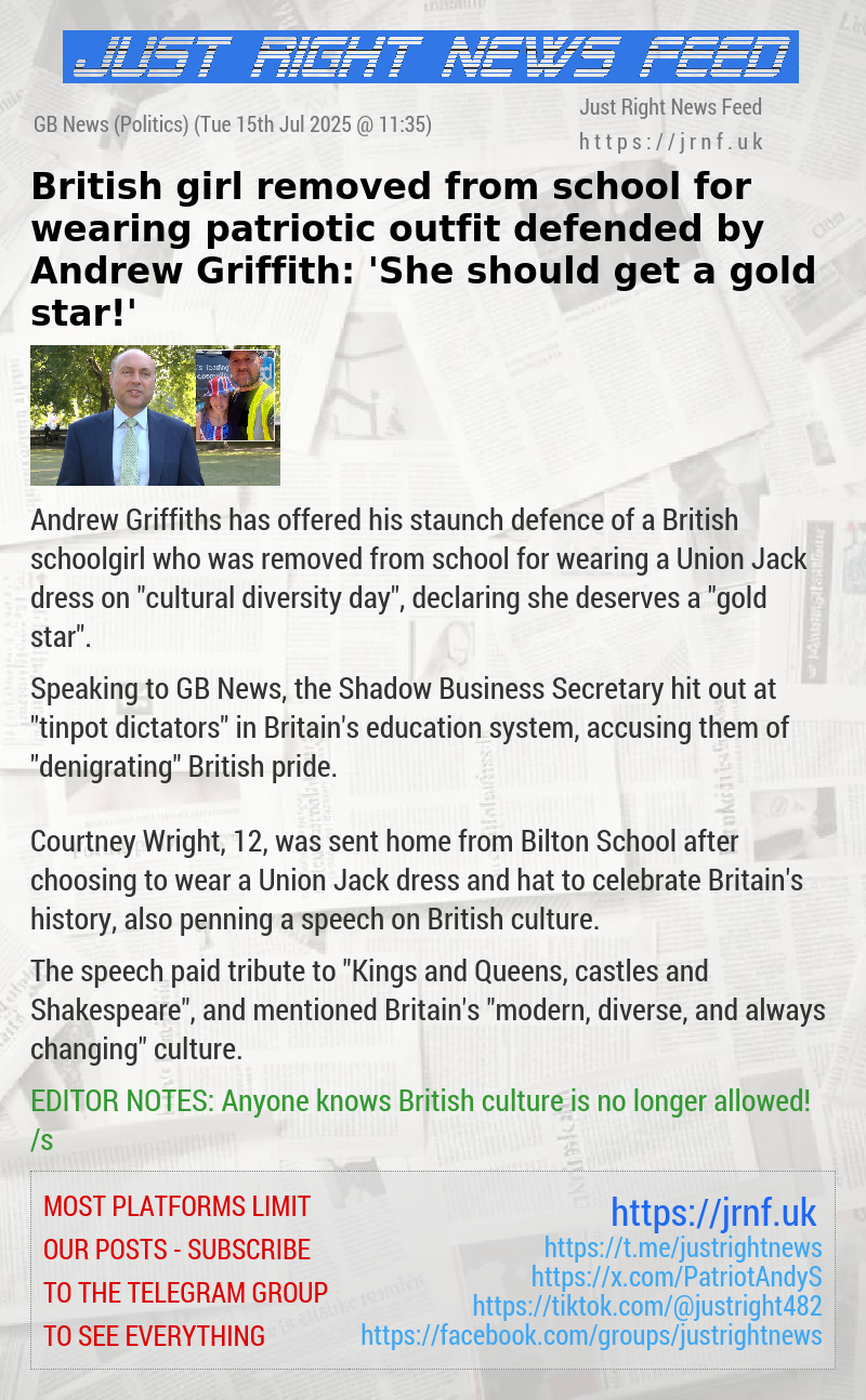 British girl removed from school for wearing patriotic outfit defended by Andrew Griffith: ’She should get a gold star!’