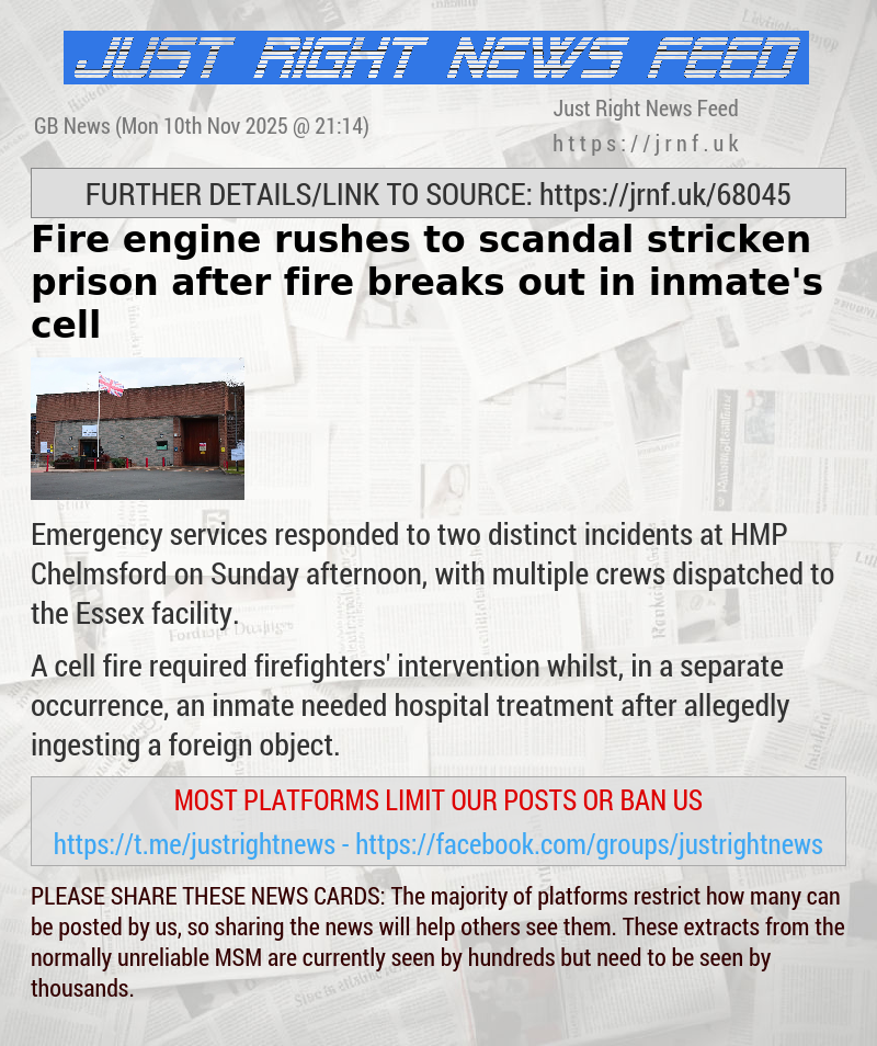 Fire engine rushes to scandal—stricken prison after fire breaks out in inmate’s cell