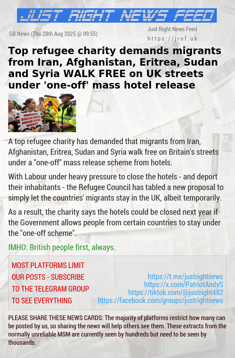 Top refugee charity demands migrants from Iran, Afghanistan, Eritrea, Sudan and Syria WALK FREE on UK streets under ’one—off’ mass hotel release