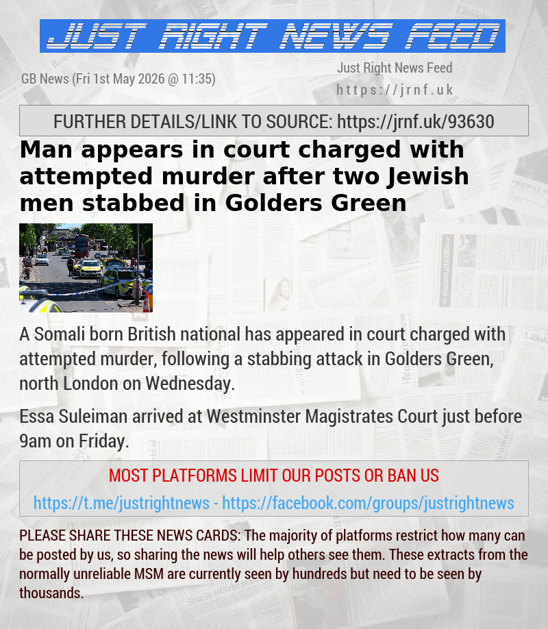 Man appears in court charged with attempted murder after two Jewish men stabbed in Golders Green